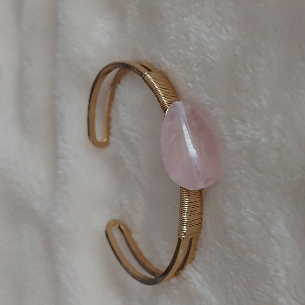 Gold bangle with rose quartz stone with wire wrapping